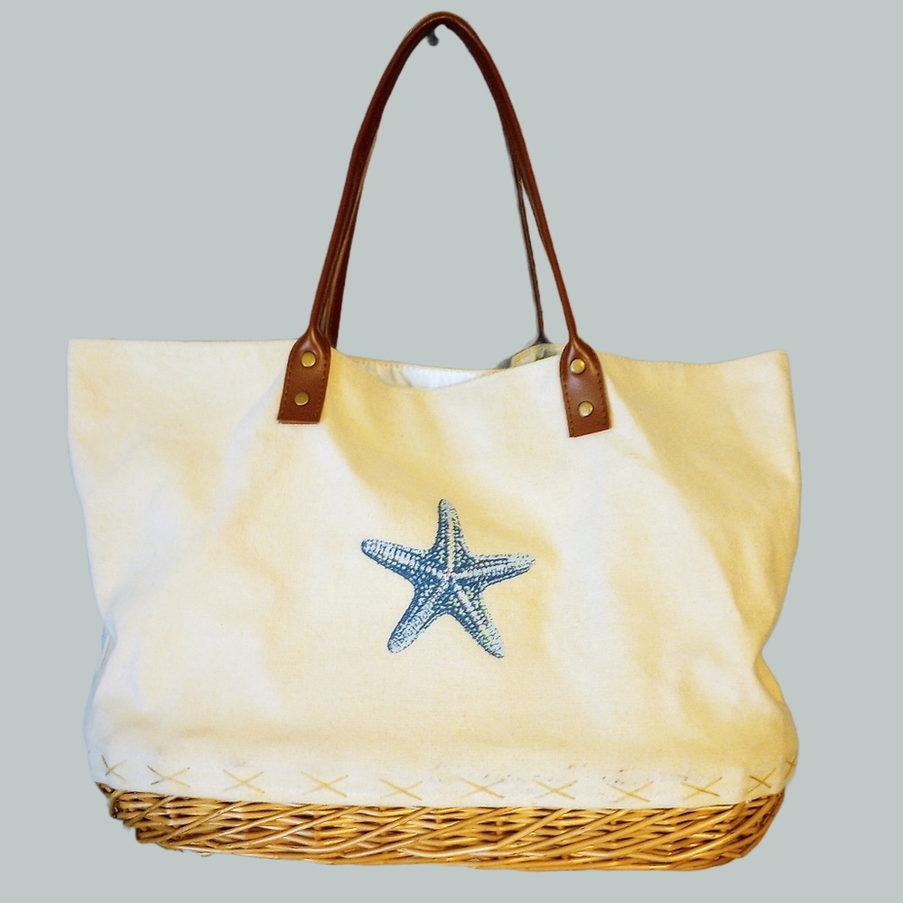 Seas The Day Starfish Wicker Bottom Beach Picnic Bag Tote